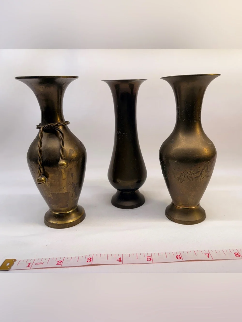Vintage Engraved Brass Bud Vases - Set of 3 Assorted Patina Mini Vases